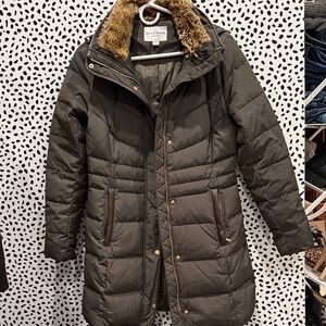 Cole Haan Women's Forrest Green Quilted Down & Feather Fill with Faux Fur Trim